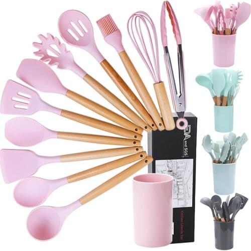 Silicone Kitchen Utensils Set 12 Pcs Non-stick Wooden Handle Pink Kitchen Containers Set Cooking Tools Spatula Ladle Egg Beaters
