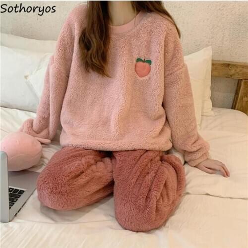 Pajama Sets Women Winter Flannel Warm Fruit Printed Sweet Pink Kawaii Womens Pijamas Sleepwear Leisure Simple Pyjama Homewear