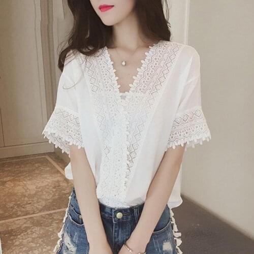 Casual Women Solid Color V Neck Short Sleeve Lace Loose Chiffon T-shirt Blouse