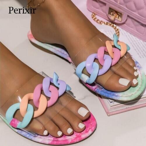 Perixir Design Ladies Outside Slipper Candy Macaron Chain Sweet New Hot Sale Open Square Toe Mule Beach Women Shoes In Summer