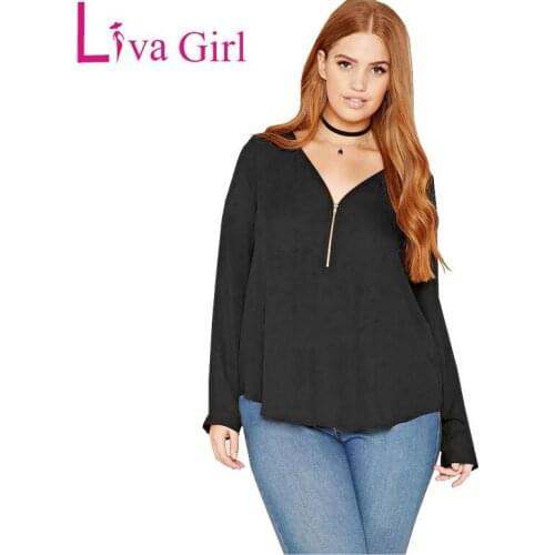 Liva Girl Korean Fashion Cothing Women Long Sleeve Zipper T Shirt Femme Black T-shirt Big Size XXXL Tops Womens Camisetas Mujer
