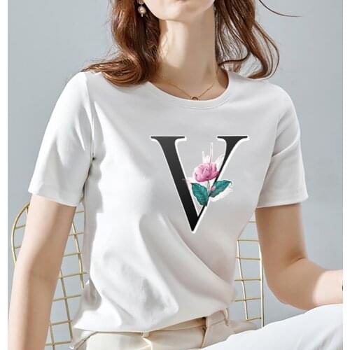 New Summer Womens Popular T-shirt English Flower Letter Pattern Series T-shirt All-match Soft Short-sleeved White Casual Top