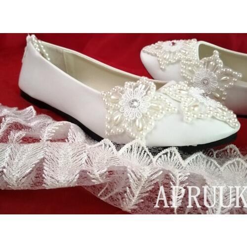 Ivory beading pearls bridal flats wedding shoes bride plus size 41 42 43 ladies ankle elastic band ladies girl party shoes