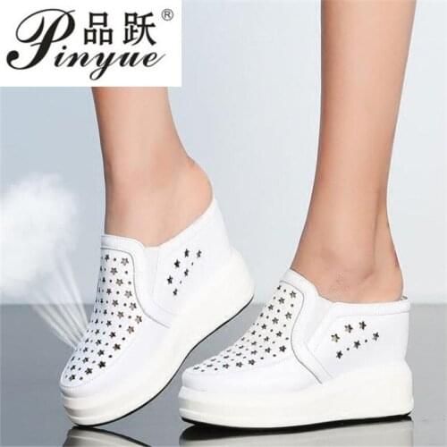 New Women Genuine Leather Wedges Platform Slippers Female High Heel Pumps Round Toe Roman Sandals Summer Trainers Outdoor Slides