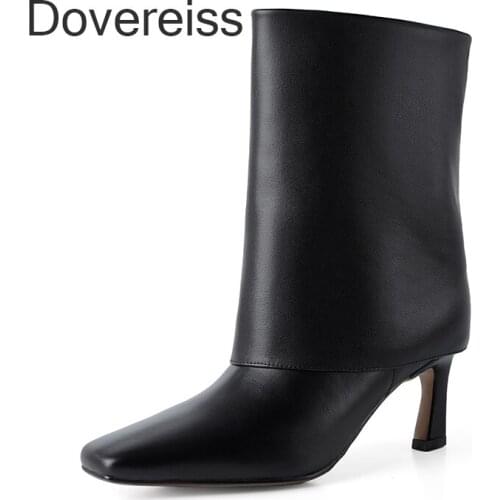 Dovereiss Fashion Womens Shoes Winter New Square Toe Elegant Stilettos Heels Genuine Leather Concise Ankle boots Mature 33 40