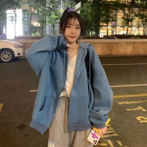Women Hoodies Letter Pocket New Casual Korean Loose Student Street Hara Juku Femme Sweatshirts Zip Up Oversized Outerwear