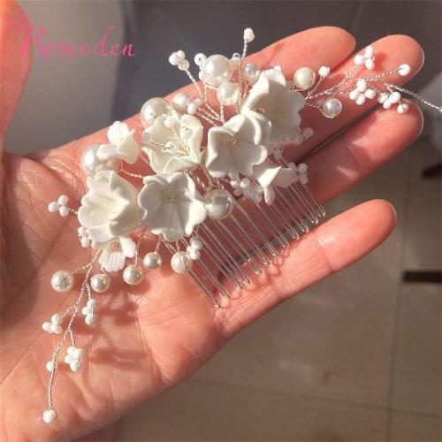 Bridal Hair jewelry Women Long Headpiece White Porcelain Flower Wedding Prom Hair Combs RE4389