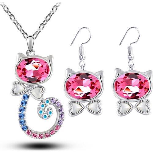 Jewelry Set Retail Romantic Engagement Cute Cat Jewelry Sets Necklace Earrings With Austrian Crystal For Women NT85635