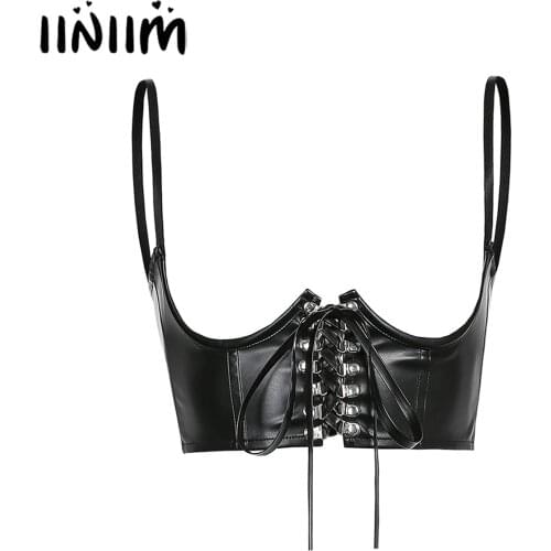 Iiniim Womens Fashion Streetwear Lace-up Front PU Leather Corset Bustier Solid Color Slim Fit Cincher Vest Camisole Tops
