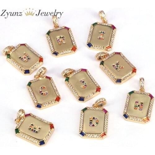 10PCS, Colorful CZ Micro Pave Initials Pendant Letter Jewelry For Women Men Gold Golor Square Alphabet Charm Pendant