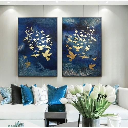 Abstract Canvas Painting Handmade Blue Wall Art Pictures Gold Bird For Living Room Home Decoration Two Pieces