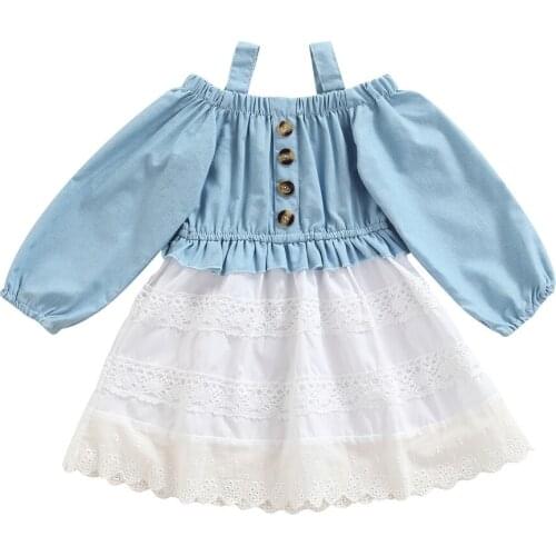 2021 2-7Y Kids Baby Girls Sweet Dress Off Shoulder Blue Patch Button Long Sleeve Lace A-line Dress Autumn Toddler Casual Clothes