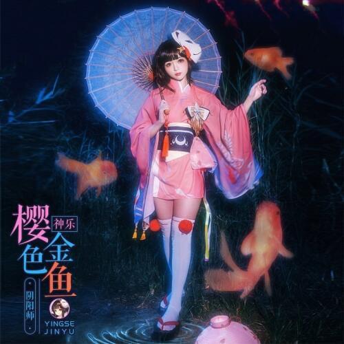 Game Onmyoji Kagura Japanese Summer Festival New Skin Cherry Color Goldfish Cosplay Costume