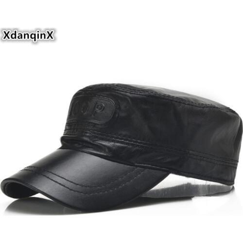 XdanqinX Leather Cap Mens Flat Caps Genuine Leather Cap Men Army Military Hat Fashion Brands Cap Sheepskin Leather Old Men Hats