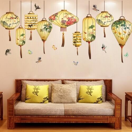 Chinese Style Lantern Wall Sticker for Living Room Decoration Flowers Birds Teenager Girls Wallpaper Bedroom Decor Home Posters