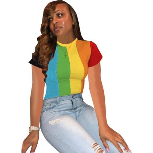 Newest product colorful striped print street lounge wear 2020 summer t-shirt tee short sleeve t shirts K-POP party club top