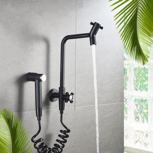 Single Cold Sink Faucet 304 Stainless Steel Single Handle Mop Pool Faucet With Spray Nozzle Multi-function Rotating Black/Chrome