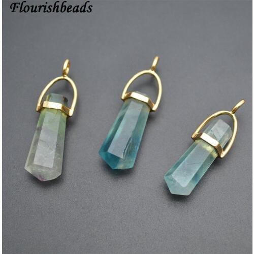 Natural Fluorite Pillar Stone Point Metal Cap Pendants fit Necklace Jewelry Making 5pc per lot