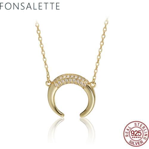 925 Sterling Silver Horn Pendant Necklaces Half Crescent Moon Necklace Gothic Round CZ for Woman Jewelry Christmas Gift zk40