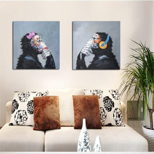 Print Modern Abstract Thinking Monkey with Headphone Cartoon Canvas Painting Animals Funny Wall Art Home Decor for Living Room