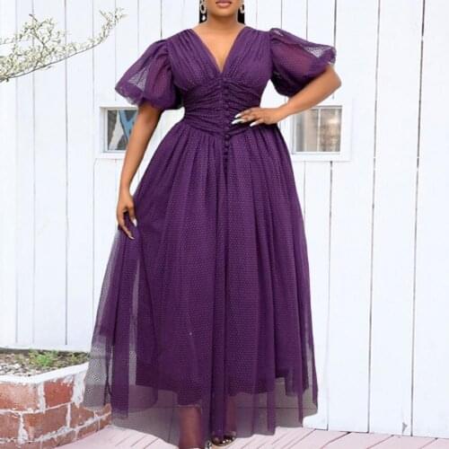 African Dress Mesh Patchwork V Neck Women Solid Color Large Hem Waist Tied Formal Dress Loose Maxi Dress Sexy African Vestidos