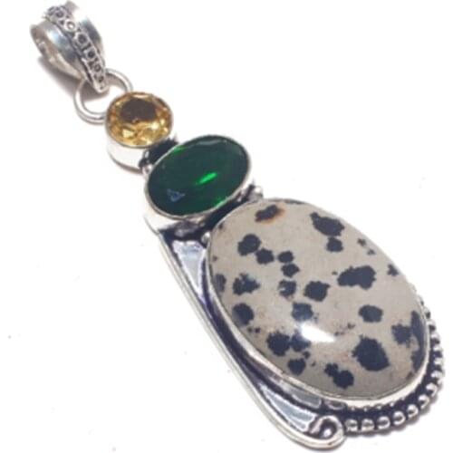 Genuine Dalmation Jasper & Green Quartz Pendant Silver Overlay over Copper , Hand made Women Jewelry gift