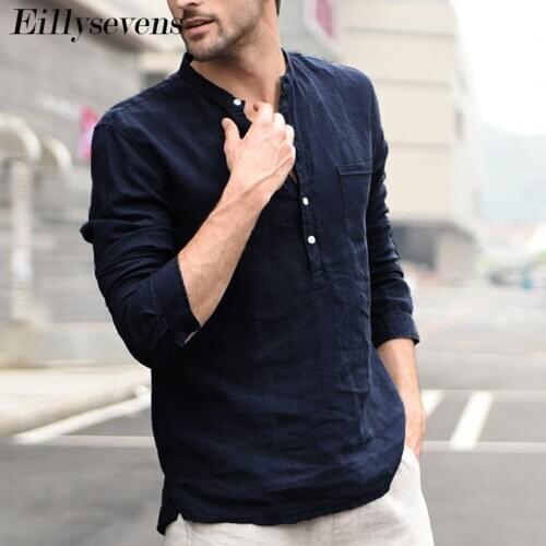 New Mens Long Sleeve Shirts Cotton Linen Casual Breathable Comfortable Shirt Vintage Solid Male Loose Shirts White Dark Blue