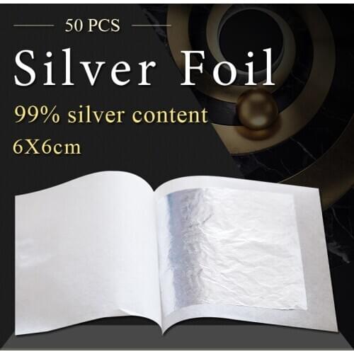 Edible Silver Leaf 99.99% Real Silver Foil 50pcs 6x6cm for Food Cake Decoration Painting Art Craft C