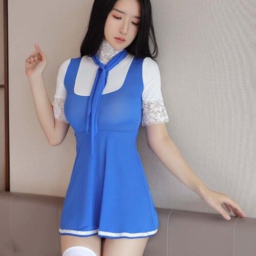 Sexy Women Cosplay Student Dress Japanese Lolita Micro MINI Dress with Lace Edge and Collar Stage Wear Erotic Dress with a Tie