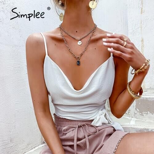 Simplee Elegant solid v-neck sleeveless tanks women Sexy bow sash party camis female Backless lady short tops light luxury 2021