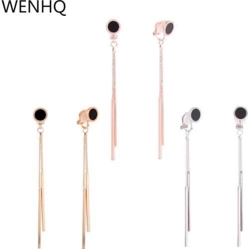 WENHQ Long Tassel Round Geometric Clip on Earrings Without Pierced for Women 3 Colors Korea Style Cuff Earrings Fake Piercing