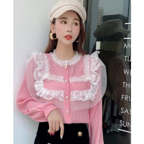 New Spring Autumn Korean Style Women Mesh Blouse Sweet Button Lace Patchwork Shirt Ladies Long Sleeve Ruffles Blouses Tops A1996
