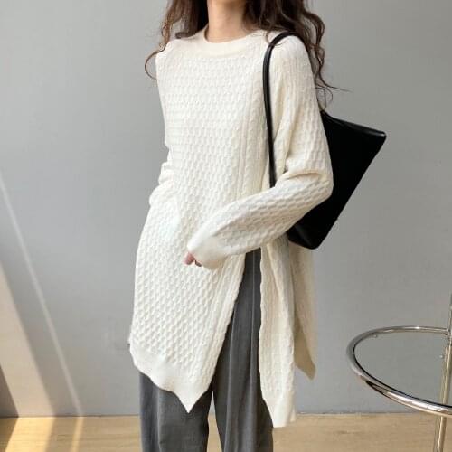 2021 New Autumn Women O-Neck Long Sweater Loose Style Women White Sweater Knitted Fashion Women Pullovers Pull Femme