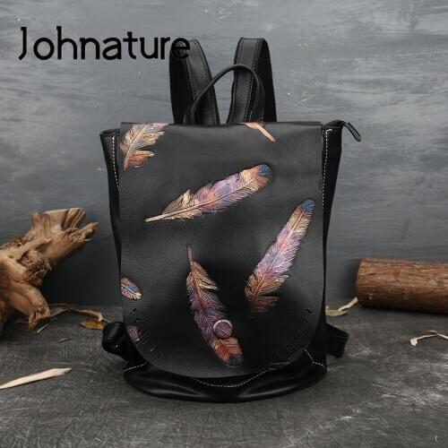 Johnature 2020 New Retro Embossed First Layer Cow Leather Backpack Leisure Large Capacity Women Bag Solid Color Travel Backpacks