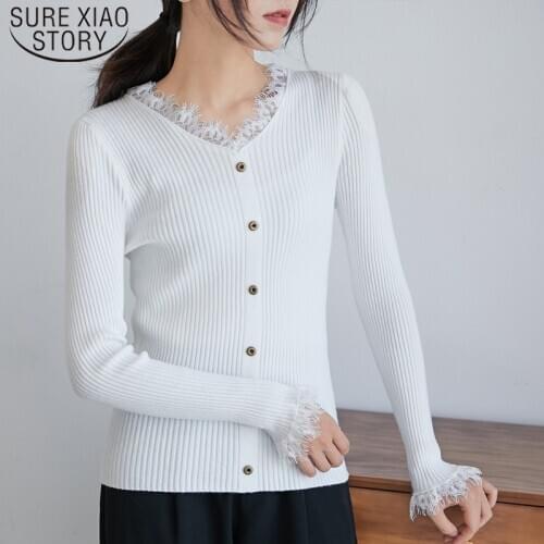 Long Sleeve Dark Stripes Winter Clothes Women Autumn Winter Fashion Lace V-neck Slim Knit Women Sweater Solid Pullovers 6458 50