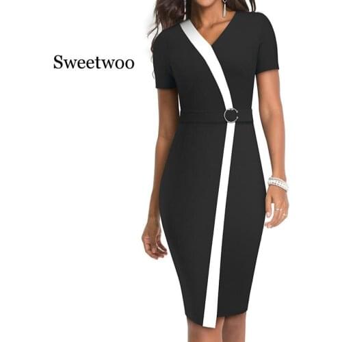 Elegant Contrast Color Patchwork with Ring Work vestidos Office Business Party Bodycon Sheath Women Dress