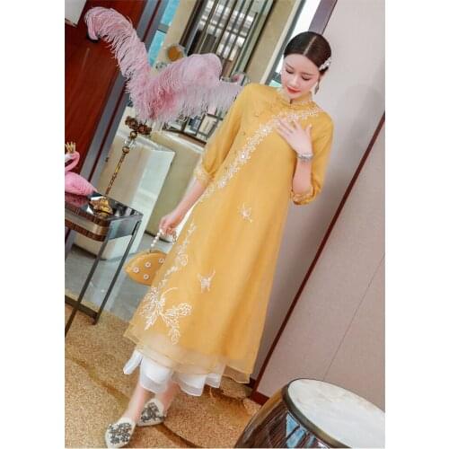 New autumn Chinese retro style flower Embroidered mandarin collar A-version long-sleeved Cheongsam loosen dress for women
