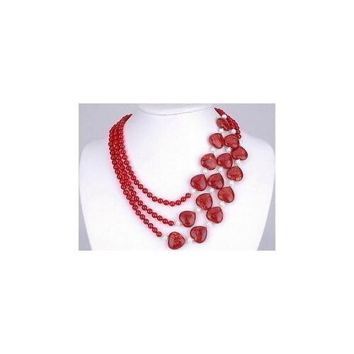 3 Rows Stunning Red heart-shaped jade white pearl Necklace
