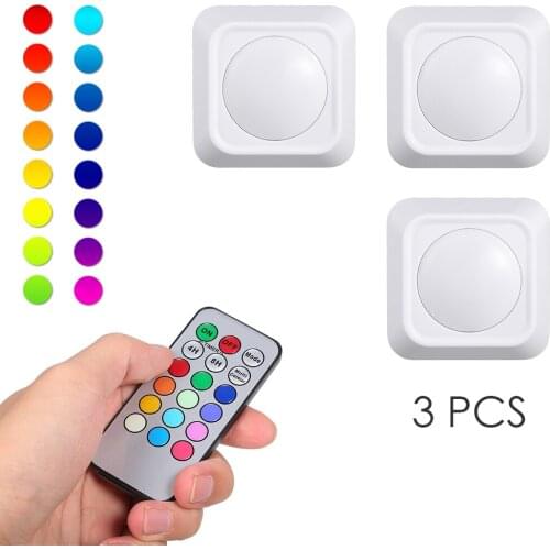 RGB Color Changing LED Puck Lights 3 PCS Battery Powered Night Light with Remote Control 12 Colors Wireless Under Cabinet Light