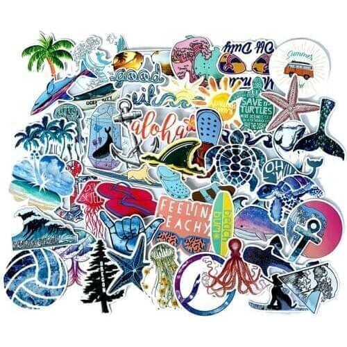 50Pcs/lot Wave Beach Bikini Stickers For Snowboard Laptop Luggage Car Fridge Car- Styling Vinyl Decal Home Decor Stickers