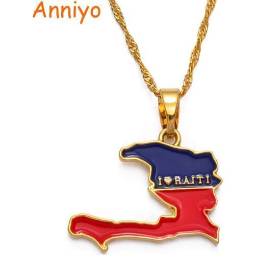 Anniyo I LOVE HAITI Map Flag Pendant Necklaces for Women Girls Ayiti Gold Color Jewelry Maps of Haiti #116006P