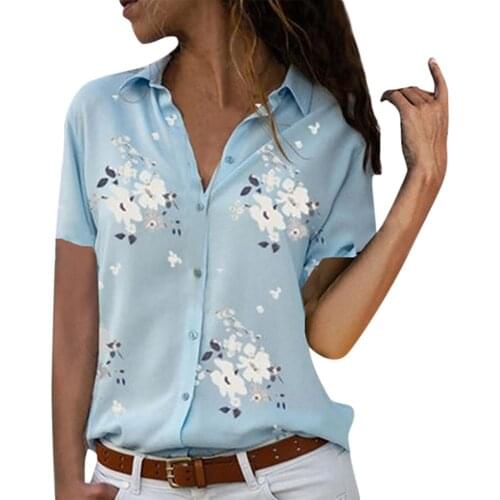 60# Women Retro V Neck Short Sleeve ButtonsTops Fashion Pullover flowers Print Blouse 2021 Chic Casual Shirts Blusa Streetwear
