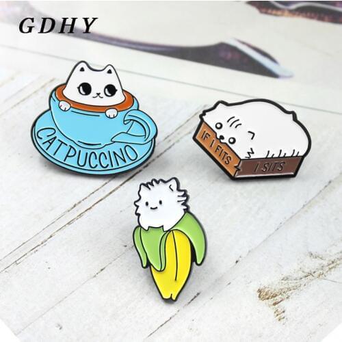 GDHY Cartoon Cat Brooch Coffee Cup Cat Banana Cat I FITS I SITS Cats Enamel Pin Animal Badge Denim For Kids Friends Jewelry