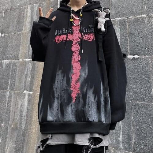 Black Autumn Gothic Print Hoodies Men Women Loose Hip Hop Sweatshirts Japan High Street Harajuku Hoodie Fashion Winter Tops Boys