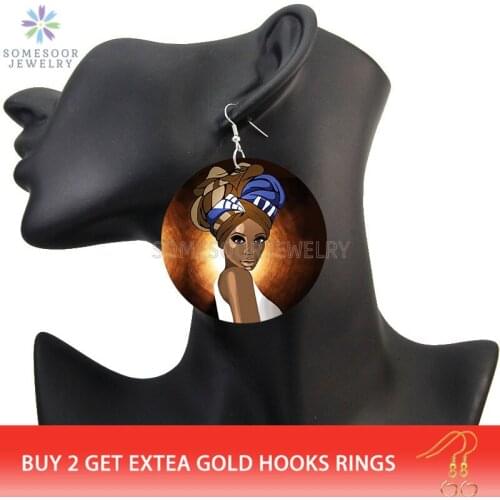 SOMESOOR African Ethnic Fabric Headwrap Painted Wooden Dangle Earrings Afro Natural Wood Drop Loops Jewelry For Black Women Gift