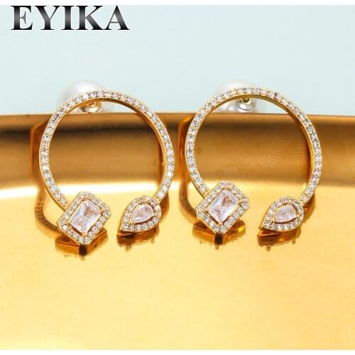 EYIKA Luxury Filled White Zircon Round Square Pear Geometric Stud Earring with Pearl Ear Plug Wedding Engagement Female Jewelry