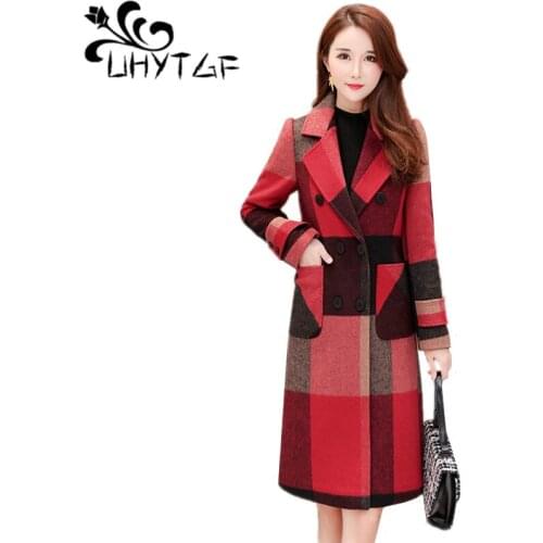 UHYTGF 3XL Plus size lattice outerwear Woolen women coat winter warm jacket fashion Woolen Women winter jacket Korean women X712