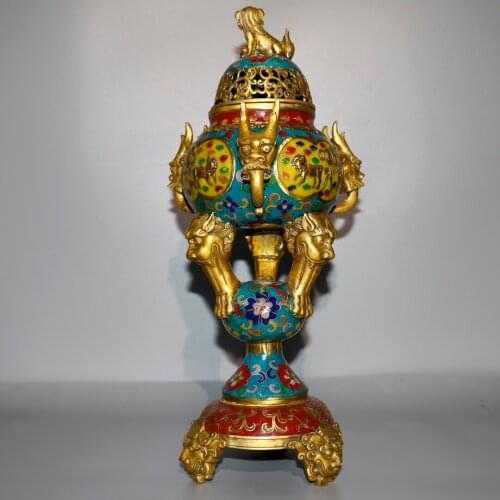 Chinese temple collection Old Bronze Cloisonne Lion statue Sanlong Ear Three-legged incense burner Office Ornaments Town House