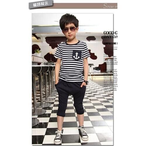 Baby boy striped New Hot Fashion Kids Baby Boys 2Pcs Set Summer Outfits Striped Anchor Tops +Marine Pants 2-7 Years