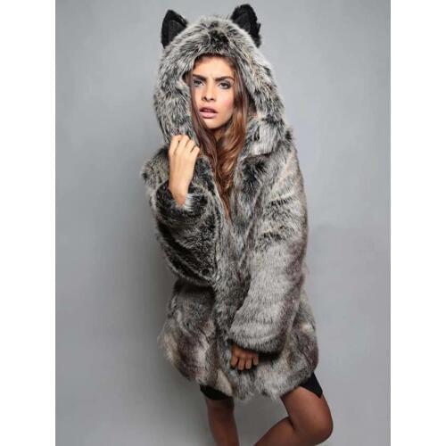 New Autumn Winter Faux Rabbit Fur Coats Women Thick Warm Fur Jacket Hooded Ears Cartoon Fur Outerwear Faux Fur Coat Female Mw323